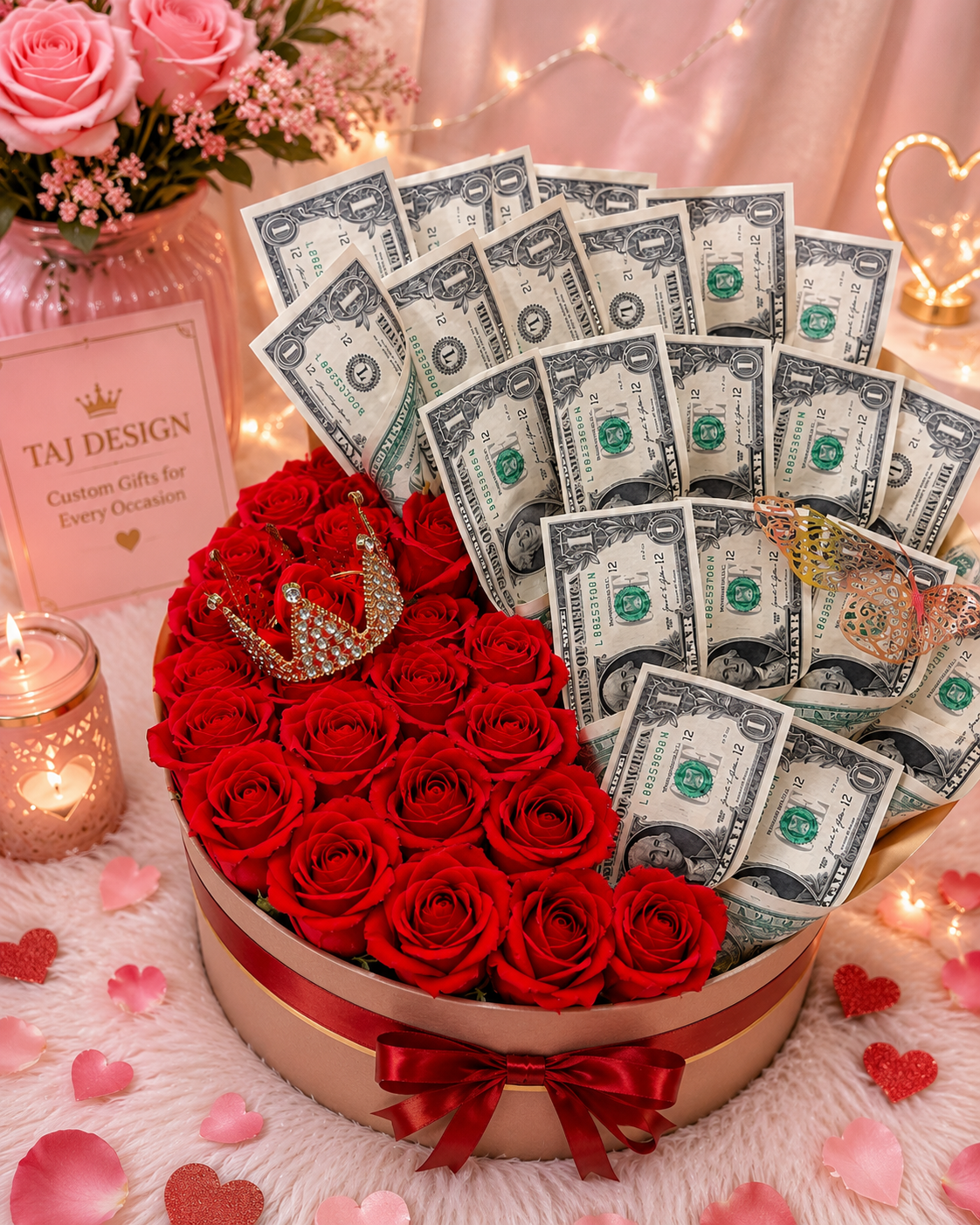 Luxury Money Rose  Box with Crown